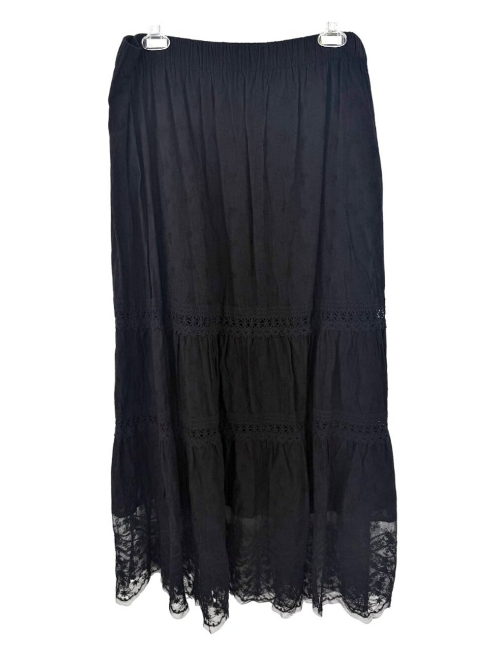 SUSAN GRAVER BLACK TIERED BOHO CROCHET MAXI SKIRT W/ LACE BOTTOM - L - Picture 1 of 5